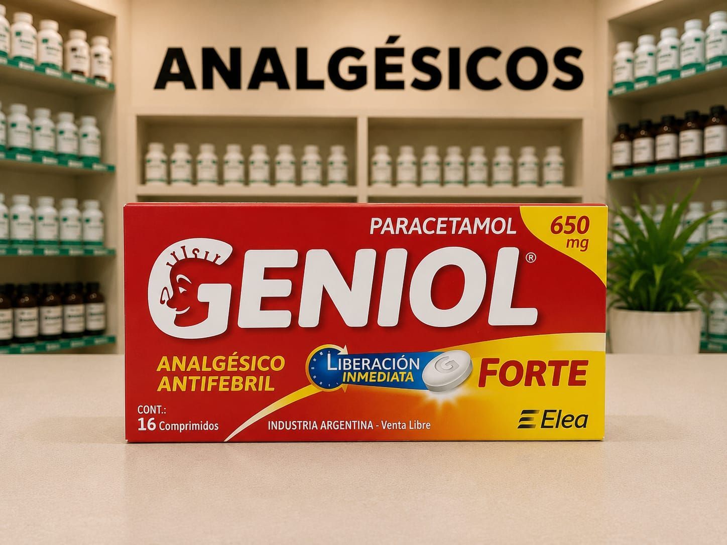Geniol Forte 2 en 1, analgésico y antifebril de Laboratorio Elea, presentada en estuche con blísteres.