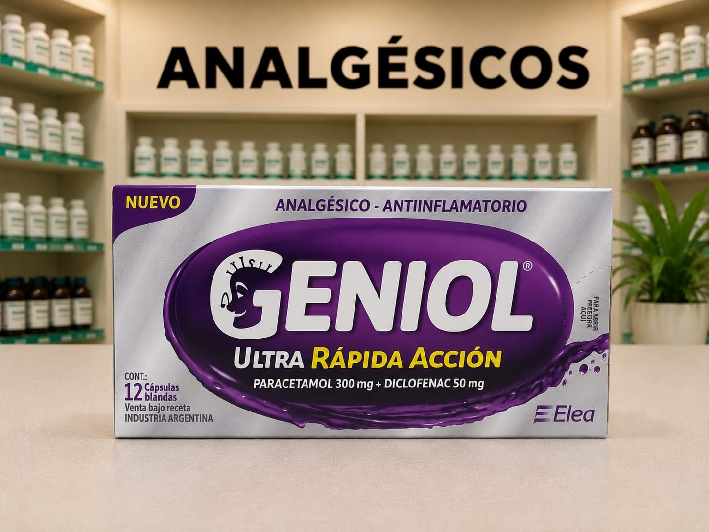 Geniol Ultra Rápida Acción en caja contiene 12 cápsulas blandas con paracetamol y el doble de diclofenac.