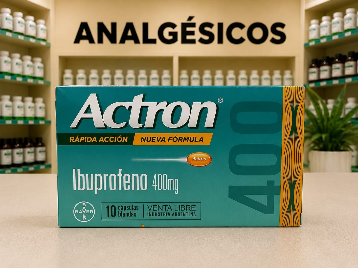 Actron 400 mg Rápida Acción en presentación de cápsulas blandas.