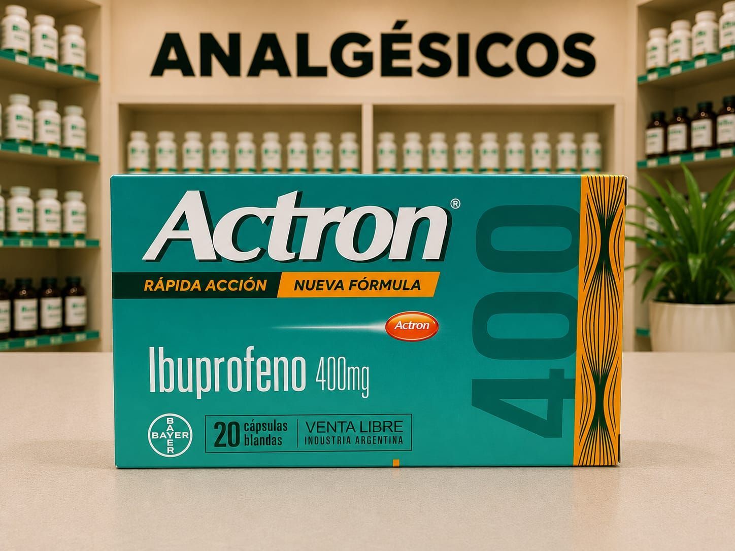 Actron 400 mg Rápida Acción en presentación de cápsulas blandas.