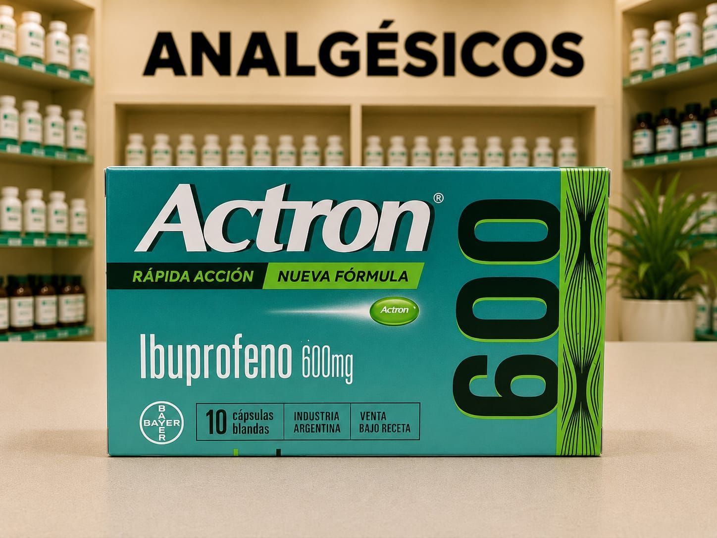 Actron 600 mg Rápida Acción en presentación de cápsulas blandas.