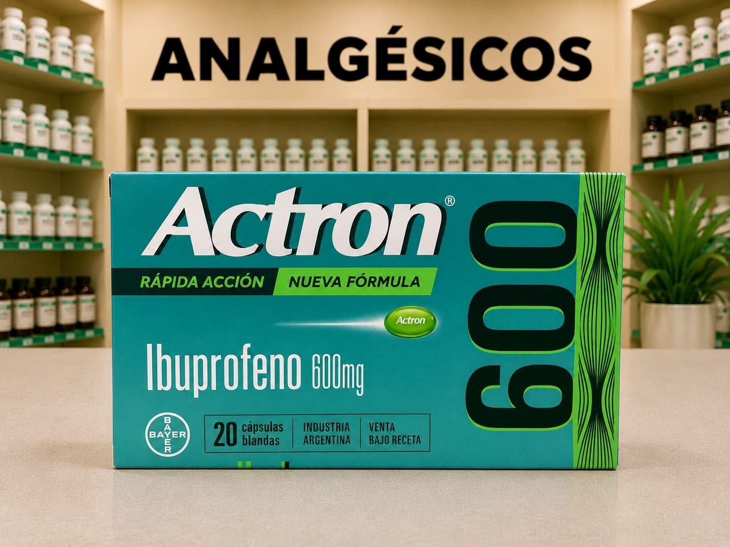 Actron 600 mg Rápida Acción en presentación de cápsulas blandas.
