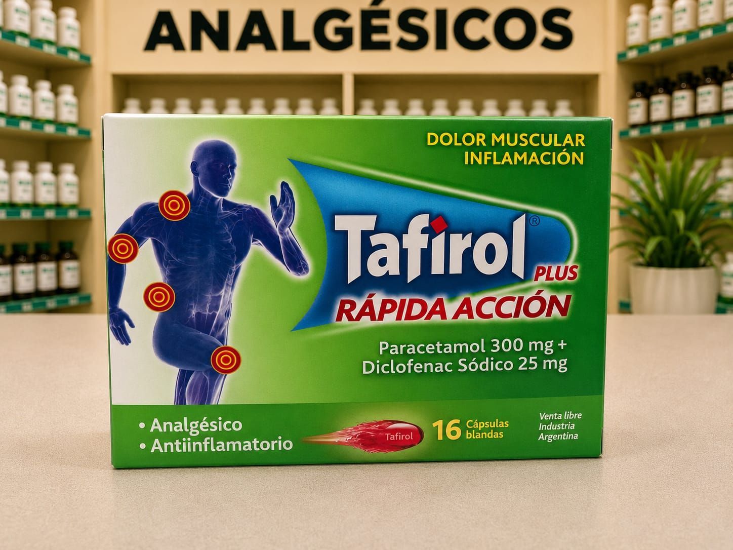 Caja de Tafirol Plus Rápida Acción con paracetamol y diclofenac para el alivio de dolores musculares intensos.