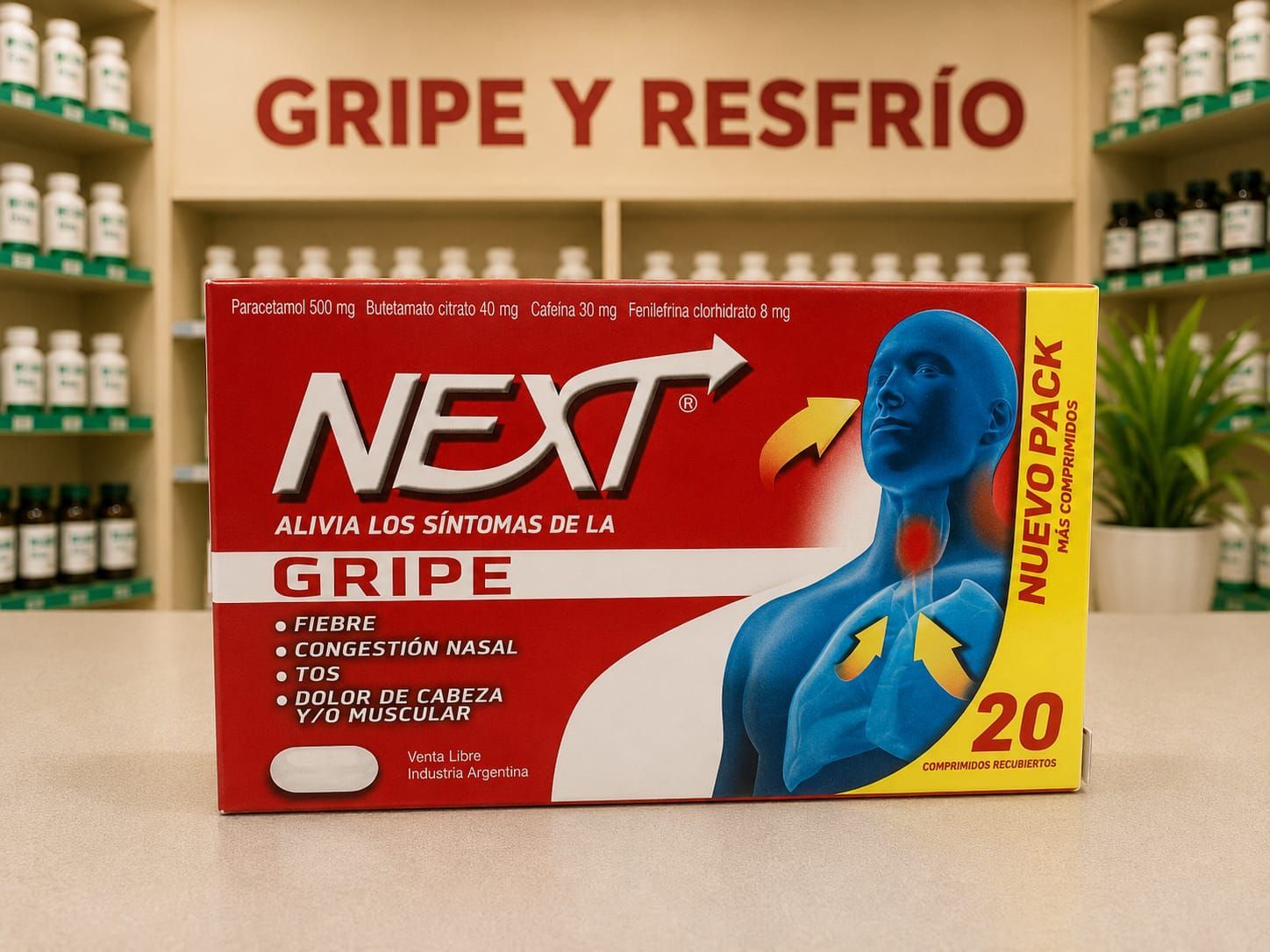 Next GRIPE es una línea de medicamento de venta libre. Fórmula combinada para el alivio de la gripe y el resfriado común.