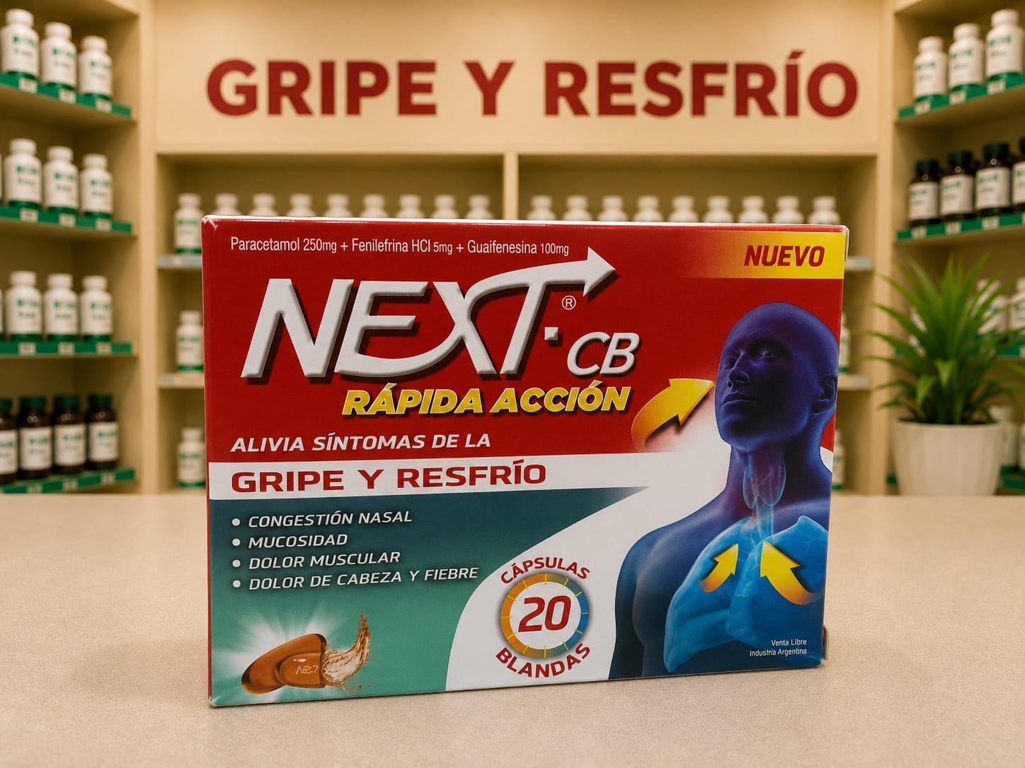 Next CB es una línea de medicamentos de venta libre. Fórmula combinada sirve para el alivio de la gripe y el resfriado común.