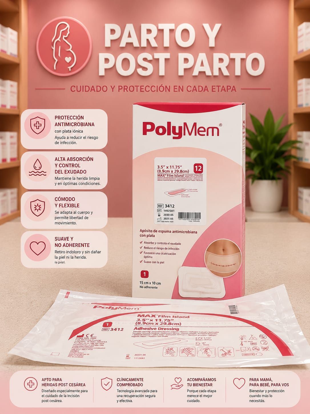 Polymem Max Pad para Cesárea con Film Adhesivo