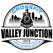 Logo for CrossFit Valley Junction featuring a train graphic over a city skyline, text, and the year 2018.