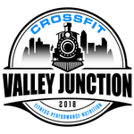 Logo for CrossFit Valley Junction 2018 featuring a train illustration, city skyline, and text on a white circular badge.
