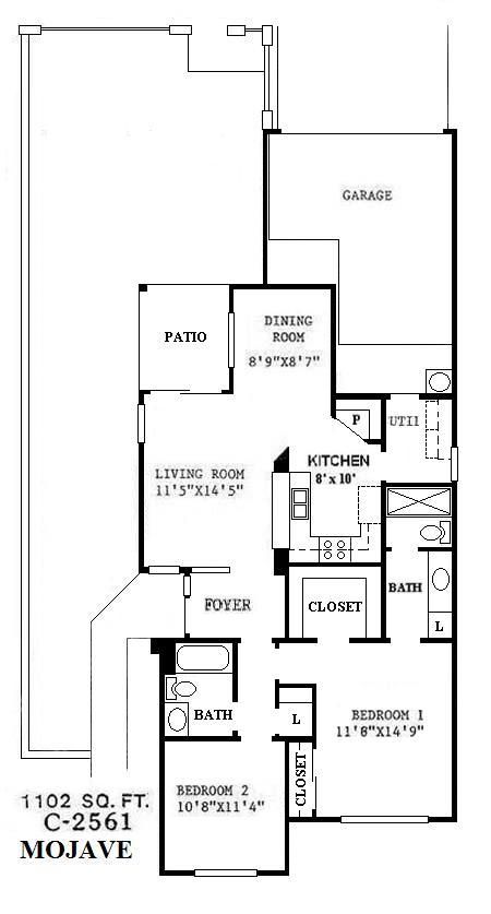 Black-and-white floor plan of a Mojave house with patio, garage, living room, kitchen, bedrooms, and baths.