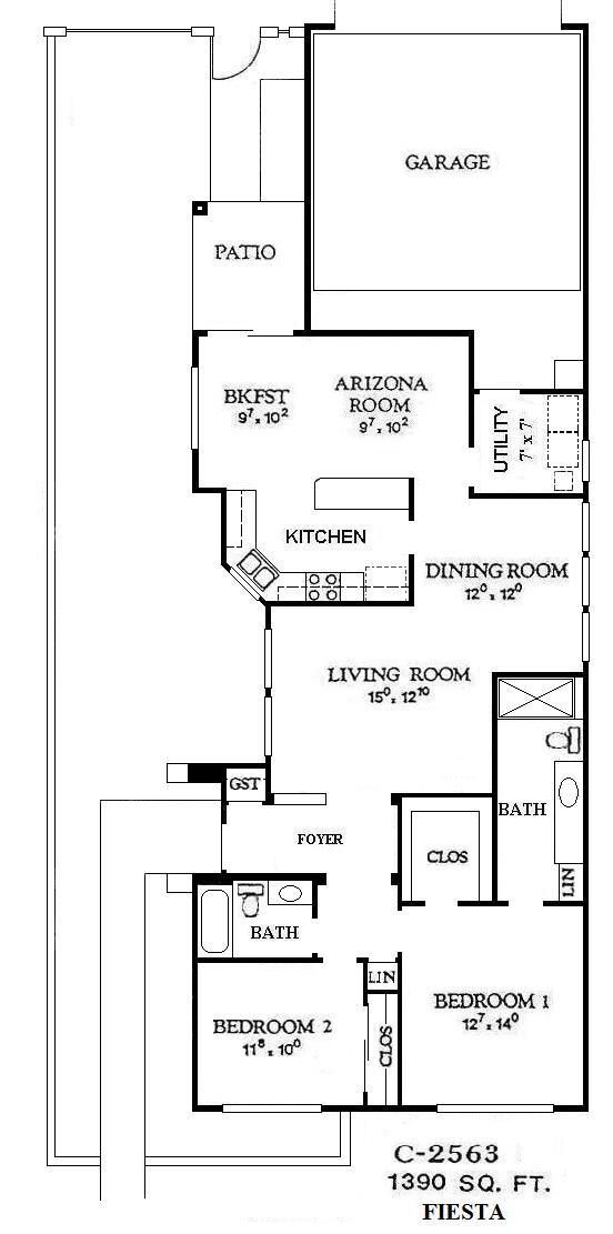 Black-and-white house floor plan with labeled rooms and dimensions, showing kitchen, living, bedrooms, and bath.