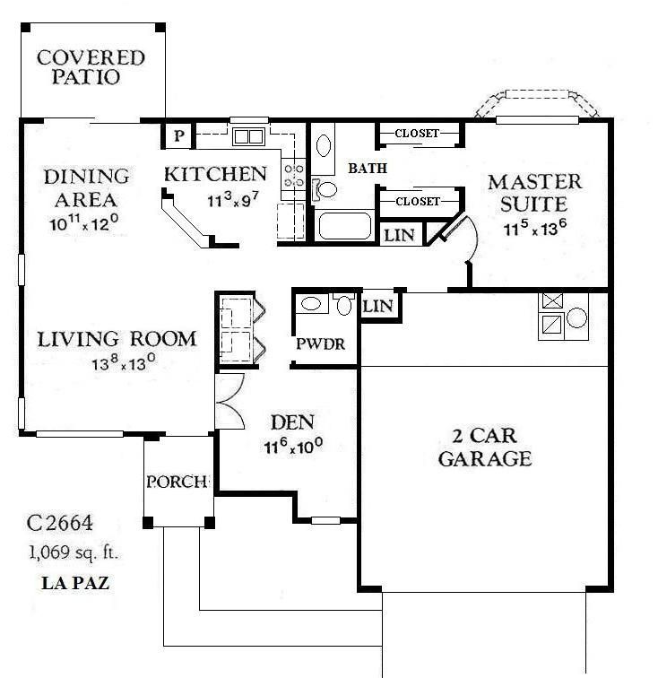 Black-and-white house floor plan with dining, kitchen, living room, den, master suite, and 2-car garage