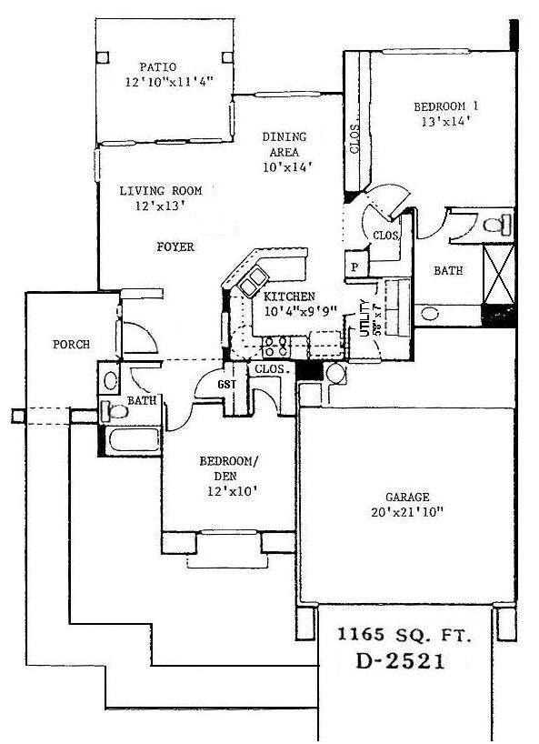 Apartment floor plan with labeled rooms, including living room, kitchen, bedrooms, baths, and garage.