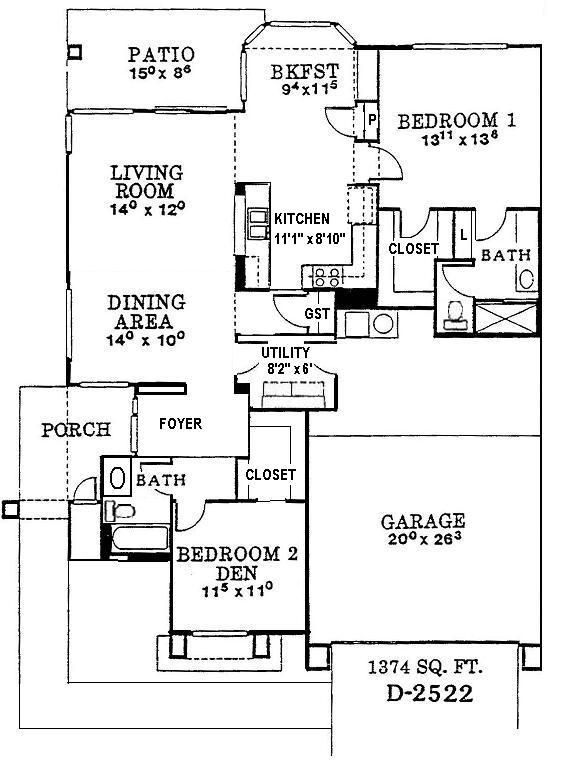 Black-and-white house floor plan with labeled rooms, garage, patio, and porches.