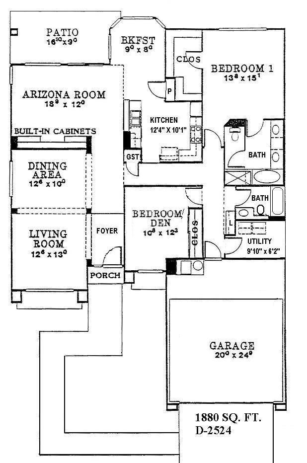 Floor plan of a 1,880 sq. ft. house with patio, garage, living room, bedrooms, kitchen, and baths