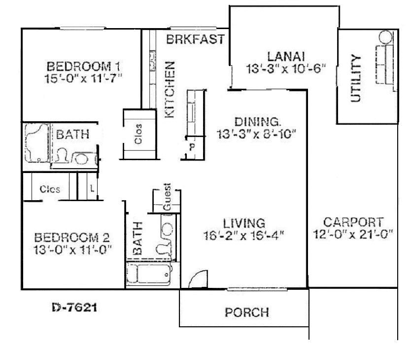 Black-and-white house floor plan with bedrooms, kitchen, bath, living, dining, lanai, porch, utility, and carport.