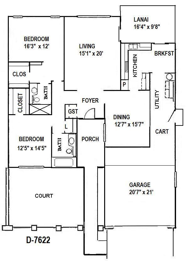 Black-and-white house floor plan with labeled rooms, courtyard, porch, garage, and lanai.