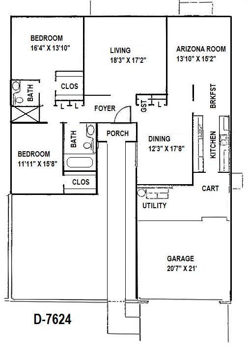 Black-and-white floor plan of a two-bedroom house with garage, porch, utility, dining, living, and Arizona room.