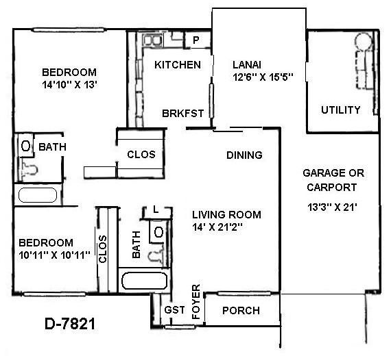 Black-and-white house floor plan with labeled rooms, garage/carport, porch, and lanai