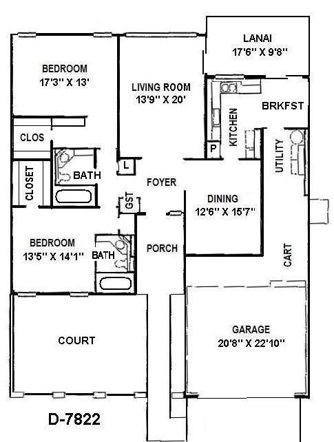Black-and-white house floor plan with labeled rooms, garage, patio, and courtyard.