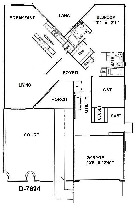 Black-and-white house floor plan showing rooms, porch, court, garage, and labeled areas.