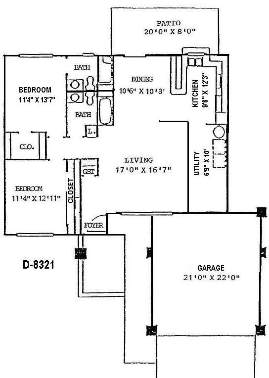 Black-and-white house floor plan with labeled rooms, patio, and garage dimensions.