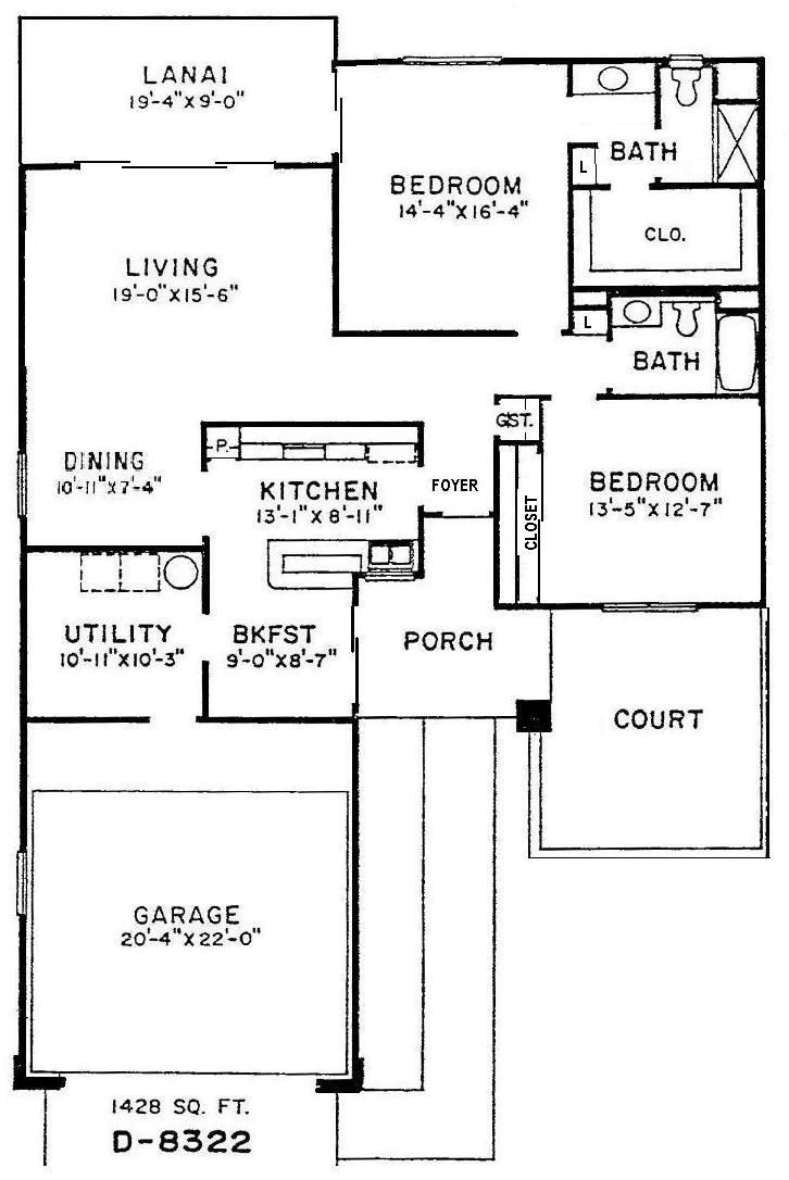 Black-and-white house floor plan with labeled rooms, porch, court, and garage.