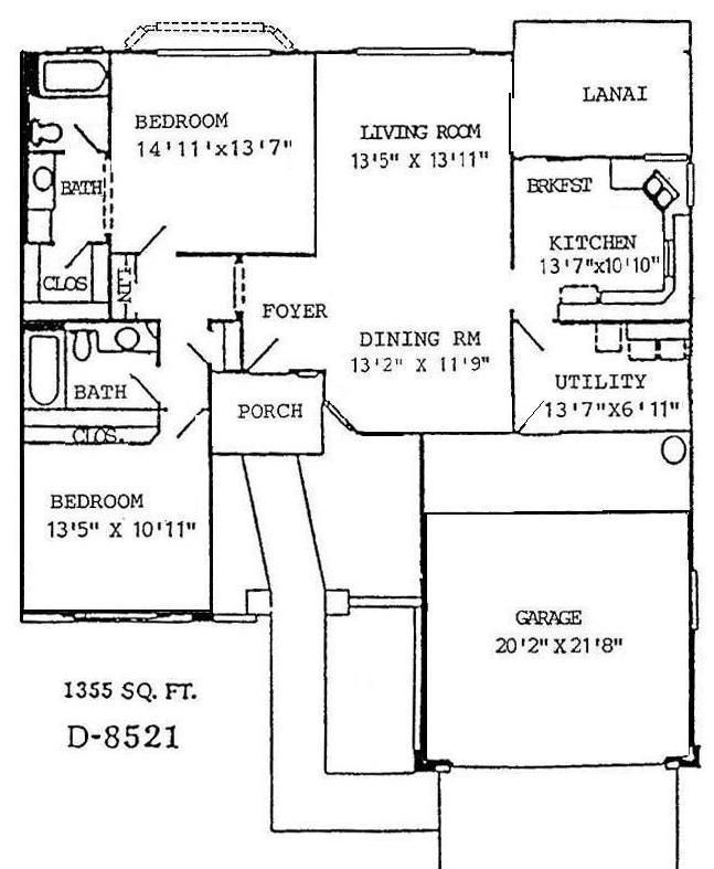 House floor plan with labeled rooms: bedrooms, living room, dining room, kitchen, utility, garage, porch, and bath.