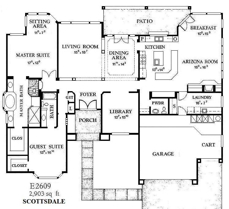 Black-and-white house floor plan labeled E2609 Scottsdale with rooms, patio, garage, and guest suite