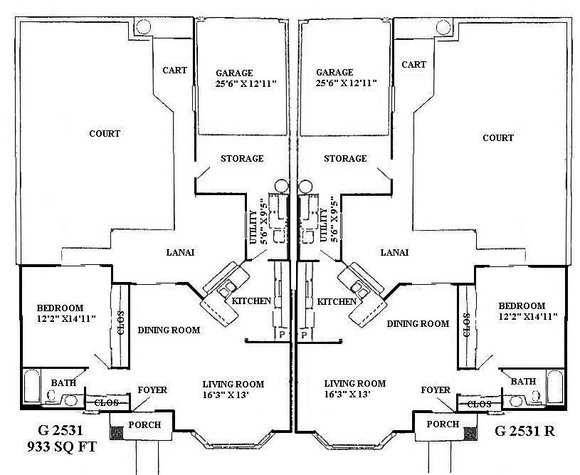 Black-and-white mirrored floor plan of two apartments with labeled rooms and dimensions.