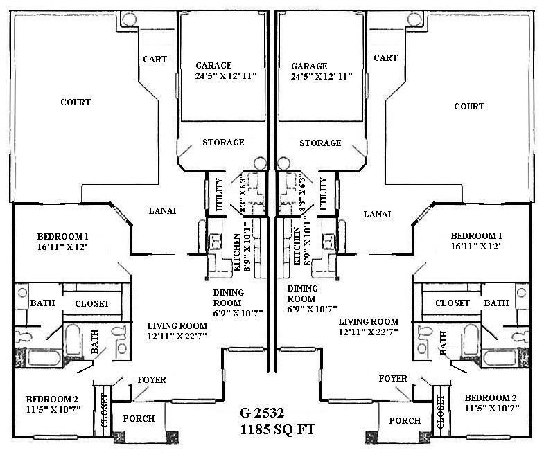 Black-and-white duplex floor plan with living room, kitchen, bedrooms, courtyards, and porches.