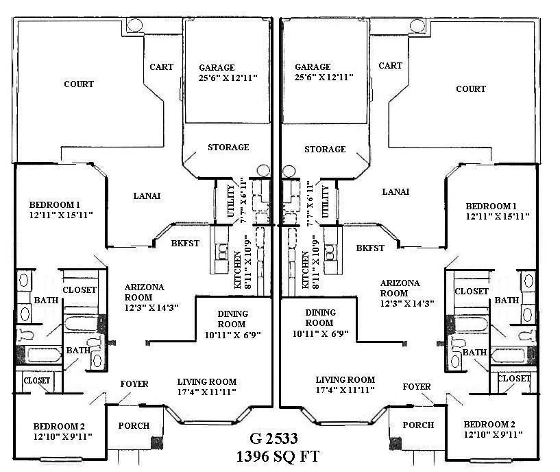 Architectural floor plan with labeled rooms, closets, porches, and a central mirrored layout.