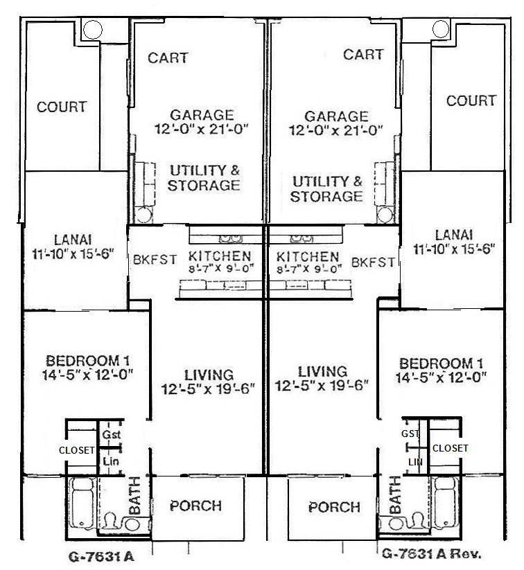 Black-and-white mirrored house floor plan with garage, kitchen, living room, bedrooms, porch, and lanai.