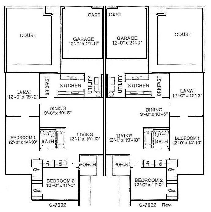 Black-and-white floor plan of a duplex with garages, courtyards, lanais, living rooms, kitchens, and bedrooms