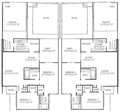 Black-and-white apartment floor plan with mirrored rooms, stairs, kitchens, living areas, and bathrooms