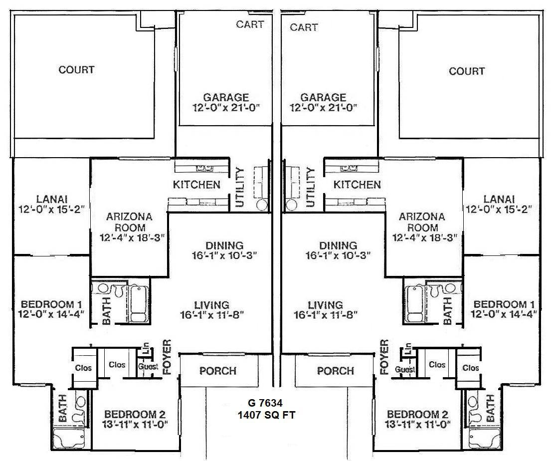 Black-and-white duplex floor plan with garages, kitchens, living rooms, bedrooms, and patios.