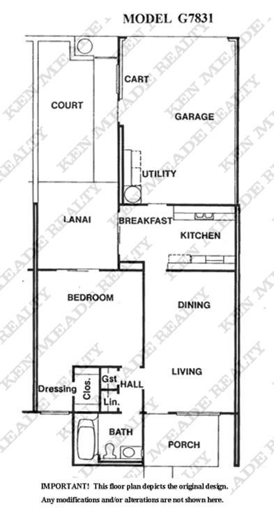 Black-and-white house floor plan labeled with rooms, courtyard, garage, utility, kitchen, dining, living, bedrooms, bath, porch
