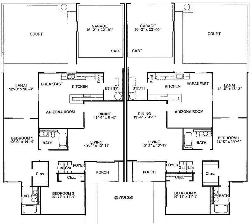 Black-and-white floor plan of a house with labeled rooms, garage, porches, and courtyards.