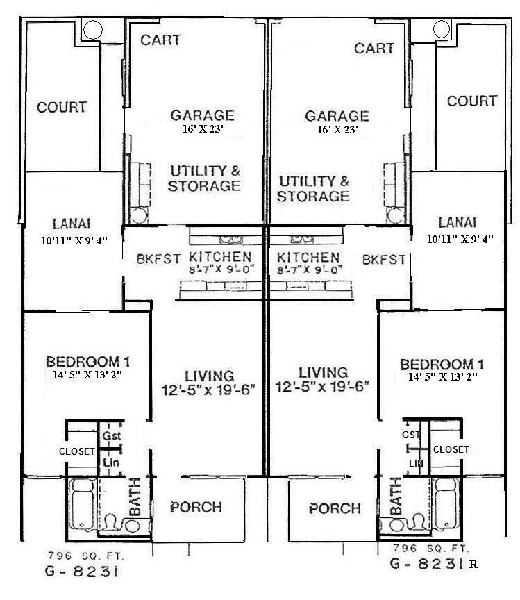 Black-and-white floor plan of a duplex with garage, kitchen, living room, bedrooms, porches, and courts.