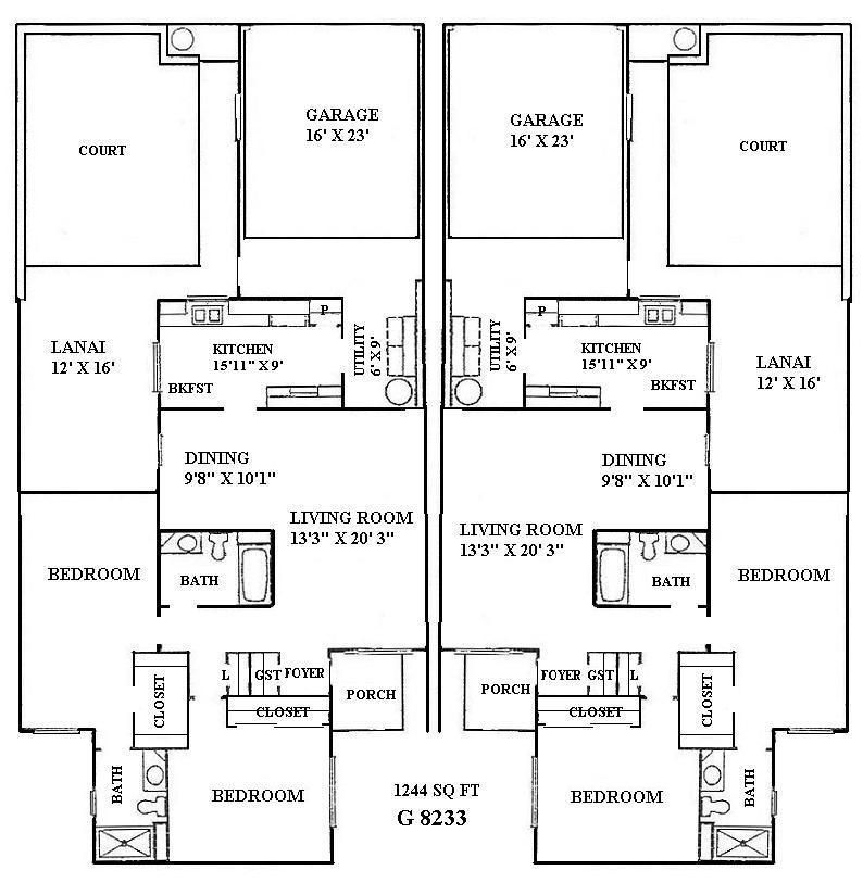 Black-and-white duplex floor plan with mirrored rooms, 3 bedrooms, living rooms, dining areas, kitchens, and porches