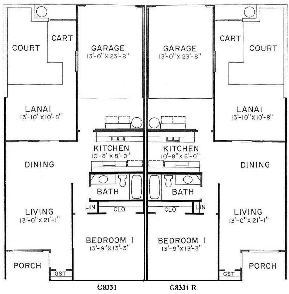 Black-and-white floor plan of a mirrored duplex with garages, courts, lanais, living rooms, kitchens, baths, bedrooms, and porches