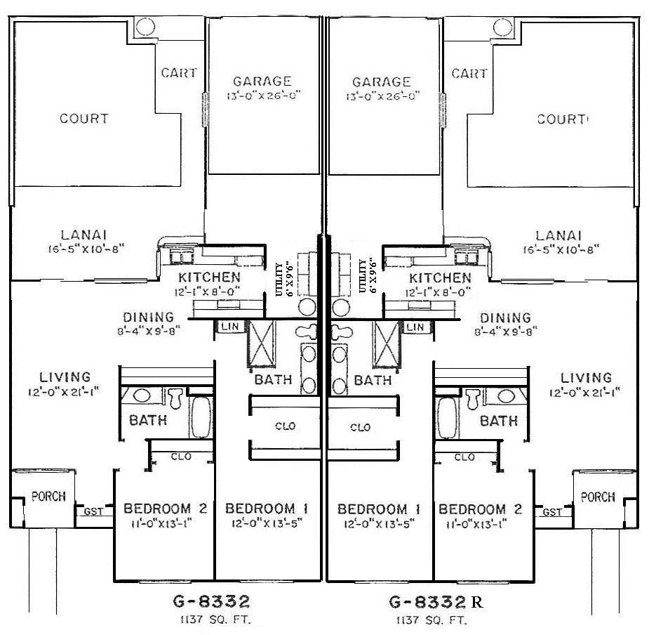 Black-and-white architectural floor plan of a duplex with courtyards, living rooms, kitchens, baths, bedrooms, and lanais