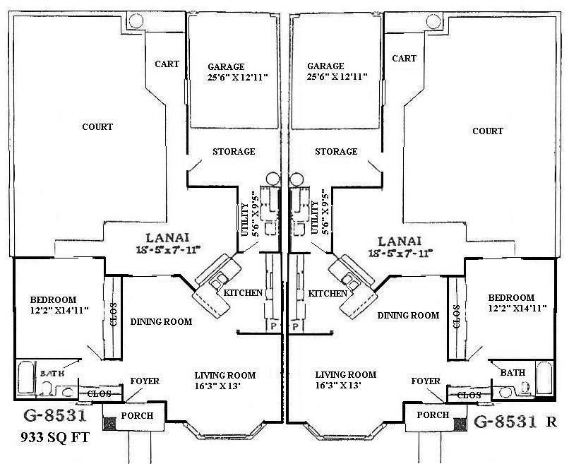 Black-and-white floor plan of a mirrored duplex with porches, living rooms, bedrooms, kitchens, and garages.