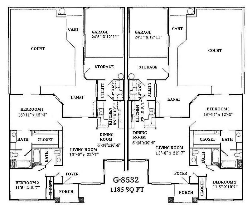 Black-and-white duplex floor plan labeled G-6532, 1185 sq ft, with mirrored rooms and a central stair.