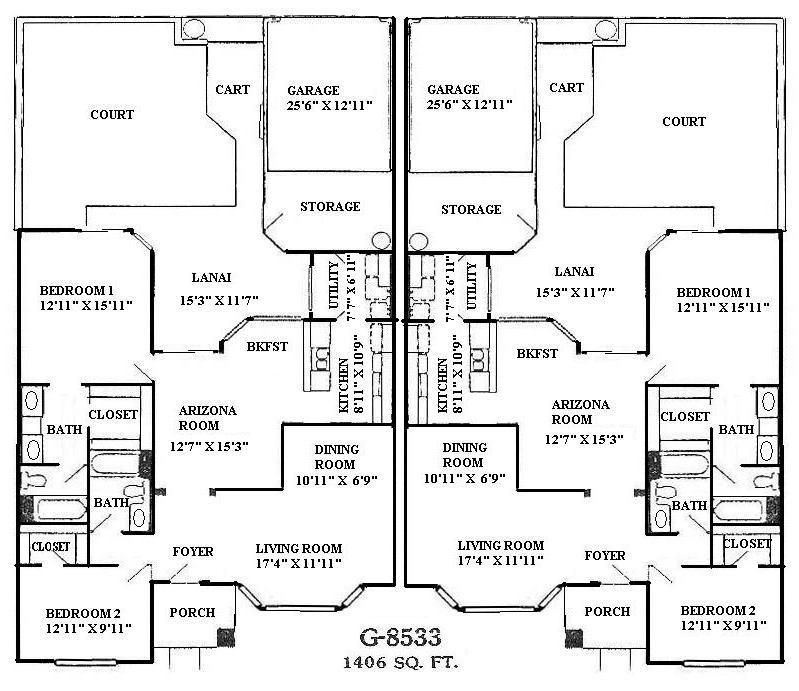 Black-and-white duplex floor plan with mirrored rooms, bedrooms, baths, kitchen, living room, and porch.