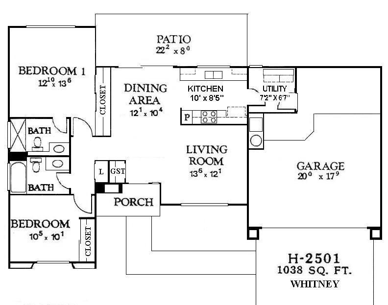 House floor plan showing bedrooms, baths, kitchen, living room, patio, porch, utility, and garage.
