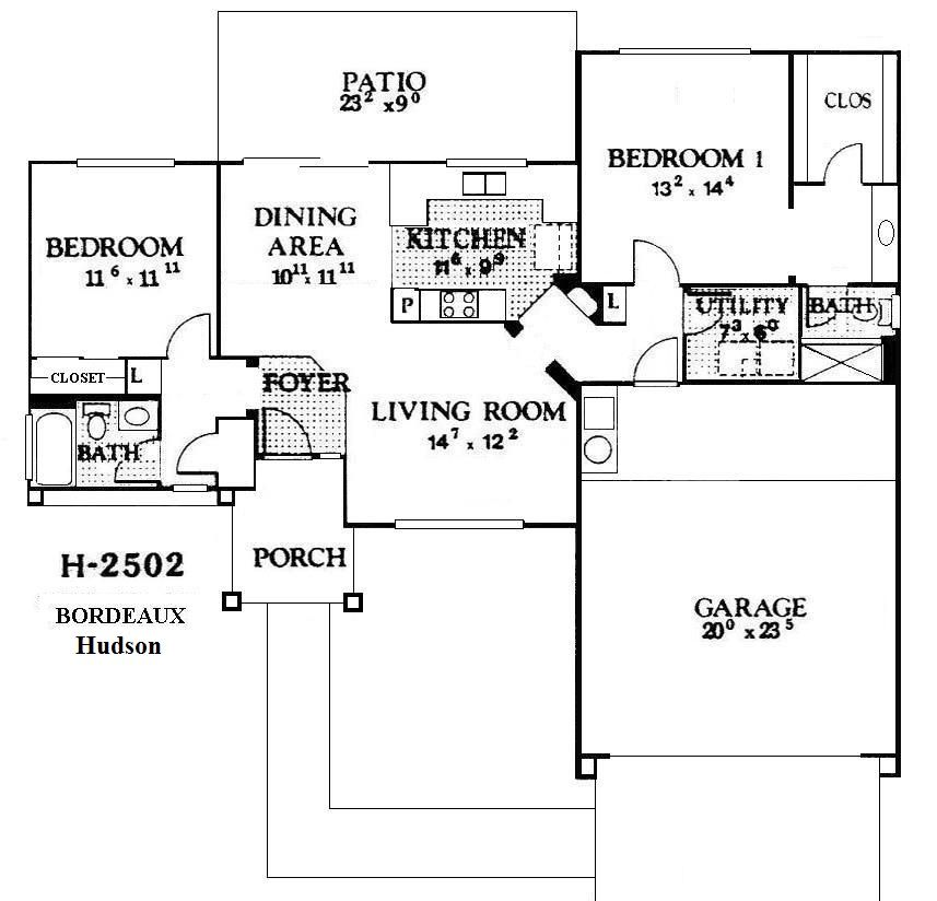 Floor plan for a house with two bedrooms, living room, dining area, kitchen, porch, patio, and garage.