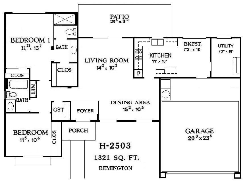 Floor plan of a 1,321 sq. ft. home with living room, kitchen, dining area, 2 bedrooms, 2 baths, patio, utility, and garage.