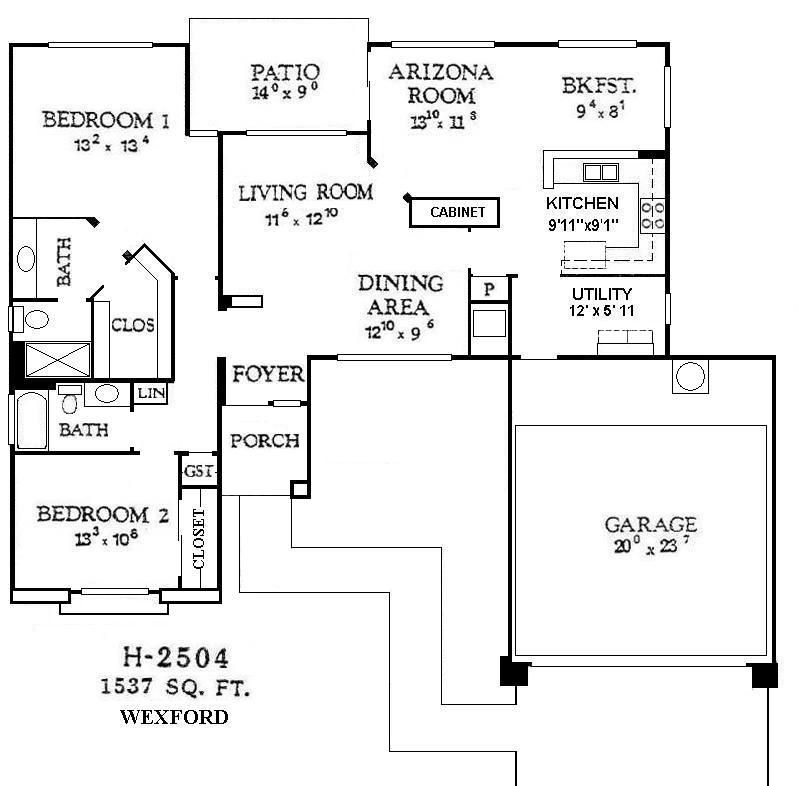 Black-and-white floor plan of a 2-bedroom house with living, dining, kitchen, utility, garage, and patio areas