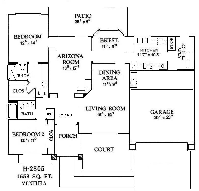 Black-and-white house floor plan with labeled rooms, patio, courtyard, and garage.