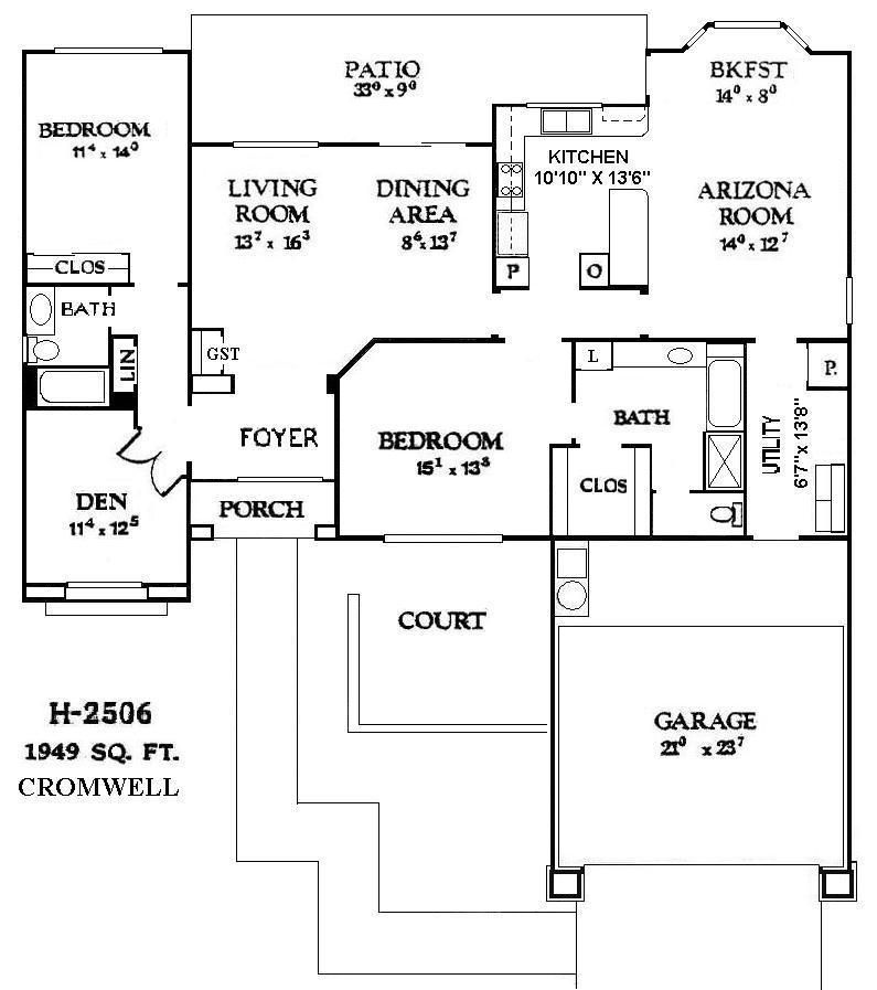 Black-and-white house floor plan with labeled rooms, patio, garage, and courtyard.